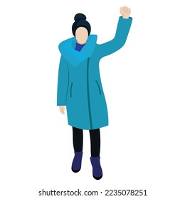 A girl in a long blue jacket and a winter hat stands with her hand raised, flat vector, isolated on white, protest, faceless illustration