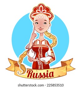 Girl with long braid in Russian national clothes. Vector clip-art illustration on a white background.