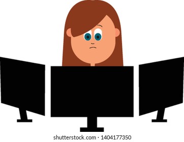 A girl with long brown hair and blue eyes has a smirk expression on her face while working in one of the black monitors among the three over white background, vector, color drawing or illustration.