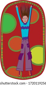 girl with long brown hair in a bright sweater and jeans with large pockets stretches on a large colorful carpet with a geometric pattern and fringe