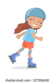 Girl with long brown hair in helmet roller skating. Nice female person in blue t-shirt pink flush on face. Active way of life. Kindergarten concept. Cartoon style. Flat design. Vector illustration