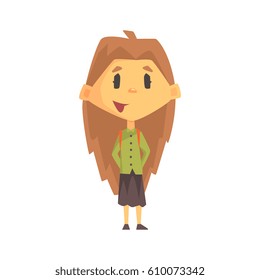 Girl With Long Brown Hair Smiling, Primary School Kid, Elementary Class Member, Isolated Young Student Character