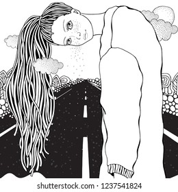 Girl and long car highway. Doodle landscape. Anti stress Coloring Book page for adult. Black and White vector. Zen Art, doodle style.