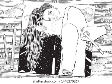 Girl and long car highway. Doodle landscape. Anti stress Coloring Book page for adult. Top view. Black and White vector. Zen Art, doodle style.