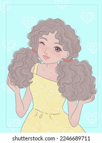 girl with long curly hair, hands touching hair