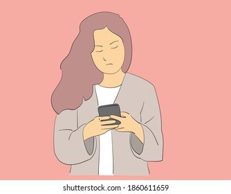 A girl with long curly hair with a smartphone in her hands. Hand drawn style vector design illustrations.