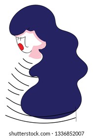 Girl with long dark blue hair and red lips vector illustration on white background.
