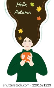 A girl with long dark hair with a cup in her hands, the inscription Hello autumn, flat vector, isolate on white, autumn leaves, autumn colors