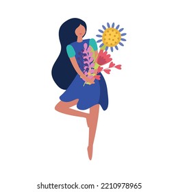 Girl with long dark hair holding bunch of flowers flat vector illustration