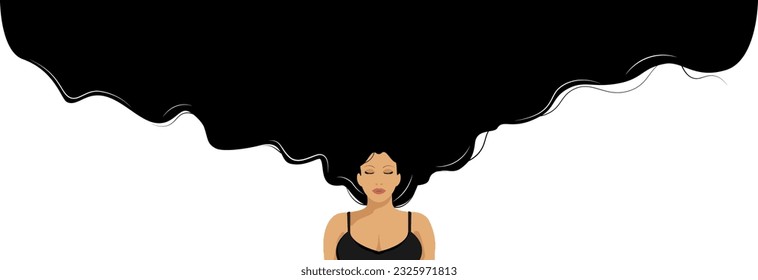A girl with long dark hair on a light background. Template for postcards.