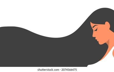 A girl with long dark hair. The rectangular background is split in two. Head and neck in profile. Vector illustration, flat cartoon minimal monochrome design isolated on white background, eps 10.