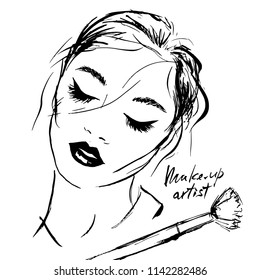 Girl with long eyelashes. An ink drawing. Caption: Make-up artist.