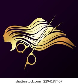 Una chica con el pelo largo dorado. Tijeras hairstylistas. Signo para salón de belleza y peluquería