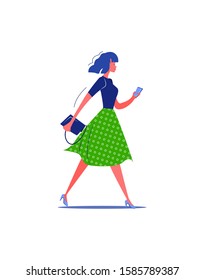 Girl in long green skirt chatting. Busy person flat vector illustration. Leisure activity, hobby concept for banner, website design or landing web page.