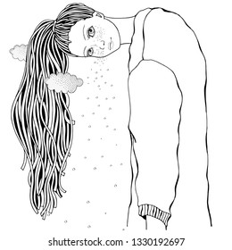 Girl with long hair. Anti stress Coloring Book page for adult. Black and White vector. Zen Art, doodle style.