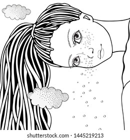 Girl with long hair. Anti stress Coloring Book page for adult. Black and White vector. Zen Art, doodle style.