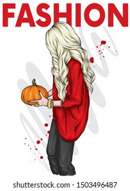 A girl with long hair in an autumn sweater, holds a pumpkin in her hands. Autumn holiday Halloween. Vector illustration for postcard or poster, print. Fashion and style, clothes and acce