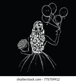 A girl with long hair in a beautiful dress. Balloons and a bouquet of flowers. Vector illustration for a holiday greeting card, poster, or print on clothes. Fashion and style, clothing and accessories