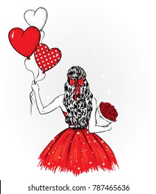 A girl and long hair in beautiful dress  Balloons   bouquet flowers  Vector illustration for holiday greeting card  poster  print clothes  Hearts  love   valentine's day 