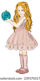 A girl with long hair and a beautiful pink dress decorates a Christmas tree. She has a blue New Year's ball in her hands. Ideal for cards, posters, prints. Vector image.