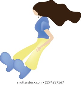 a girl with long hair blue shirt yellow pant and big shoes women sit down illustration