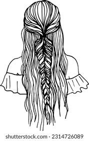 Girl with long hair and braided braid, back view. Hand drawn illustration.