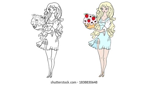 A girl with long hair, with cake, strawberries. Vector illustration. Coloring book, print, stamp.