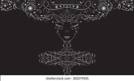 girl with long hair covered with white ornaments on black background, india  vector for spa