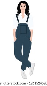 Girl with long hair in denim overalls - isolated on white background - vector.