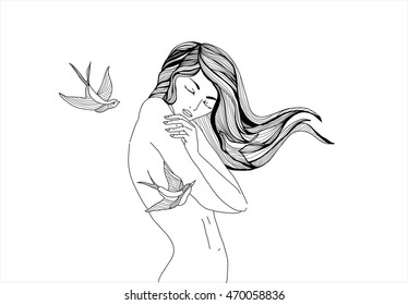 girl with long hair, the hair is developing the wind, wave hair, freehand drawing, vector illustration. Wave, a Japanese motif, Asia, East, Prica, wind, naked girl