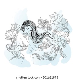 girl with long hair, the hair is developing the wind, wave hair, freehand drawing, vector illustration. Wave, a Japanese motif, Asia, East, Prica, wind, naked girl