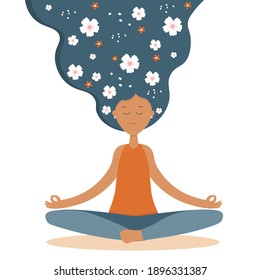 a girl with long hair dreamily sits in the lotus position and does yoga. Vector graphics