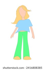 Girl with long hair, dressed in a summer shirt and trousers. The little lady went for a walk. Cute child stands thinking. Cartoon character  teenage girl. Hand drawn vector illustration flat style.