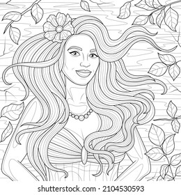 A girl with long hair and a flower in it.Coloring book antistress for children and adults. Illustration isolated on white background. Zen-tangle style. Hand draw