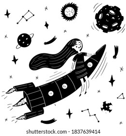 Girl with long hair flying on a rocket. Vector graphics of children space