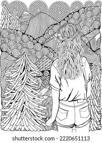 Girl with long hair in the forest.  Fir trees, river and mountain views. Anxiety Relief Coloring Book for Adults. Vector. For books 8.5 x 11 inches