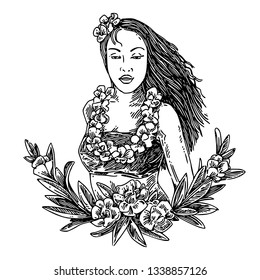 Girl With Long Hair And Garland Of Flowers Around Her Neck. Sketch. Engraving Style. Vector Illustration.