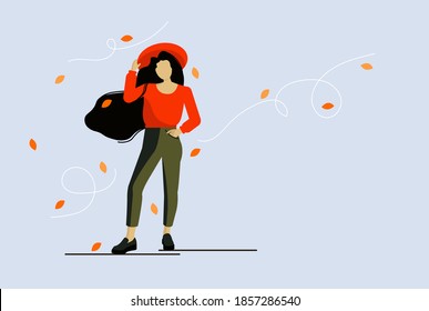 Girl with long hair in a hat, dressed in autumn colors. Leaves swirl around her. Flat vector illustration for website design, print.
