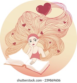 Girl with long hair and hearts in hair over an open book dreams of love