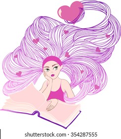 Girl with long hair and hearts in hair over an open book dreams about love