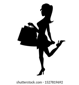 Girl with long hair high heels holding shopping bags. Black vector silhouette isolated on white background