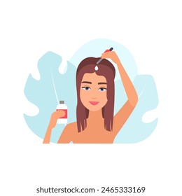 Girl with long hair holding bottle and pipette with serum, oil or essence for scalp care vector illustration