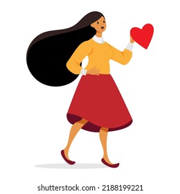 girl with long hair holding heart on the white background