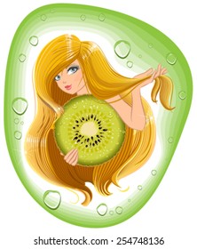 Girl with long hair holds an kiwi fruit. Template label for packing shampoo. Illustration in vector format
