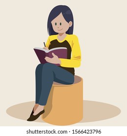 girl long hair lacture and preparing for examination. Book lover, reader, isolated on background. Flat cartoon vector illustration.