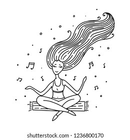 girl with long hair meditating to the music, yoga, woman resting, vector illustration drawn by hand on white background