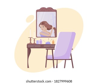 Girl with long hair in mirror. Table with cosmetics and chair, pastel colours