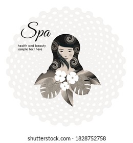 Girl with long hair on a background of flowers and leaves. Template for beauty salon, wellness center poster, banner, advertising of natural products, cosmetics, body care. Vector illustration. 