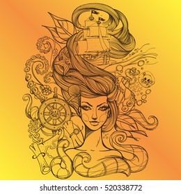 Girl with long hair outline drawing on a yellow background. Portrait of a young woman. Face and make-up. Fabulous sea princess. Mermaid. Design for tattoos, stickers, t-shirt and other items.