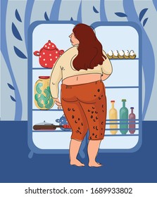 A girl with long hair and overweight is standing by the opened refrigerator full of different kinds of food. She is in home clothes, pajamas. Isolated illustration. Flat, cartoon. Vector.